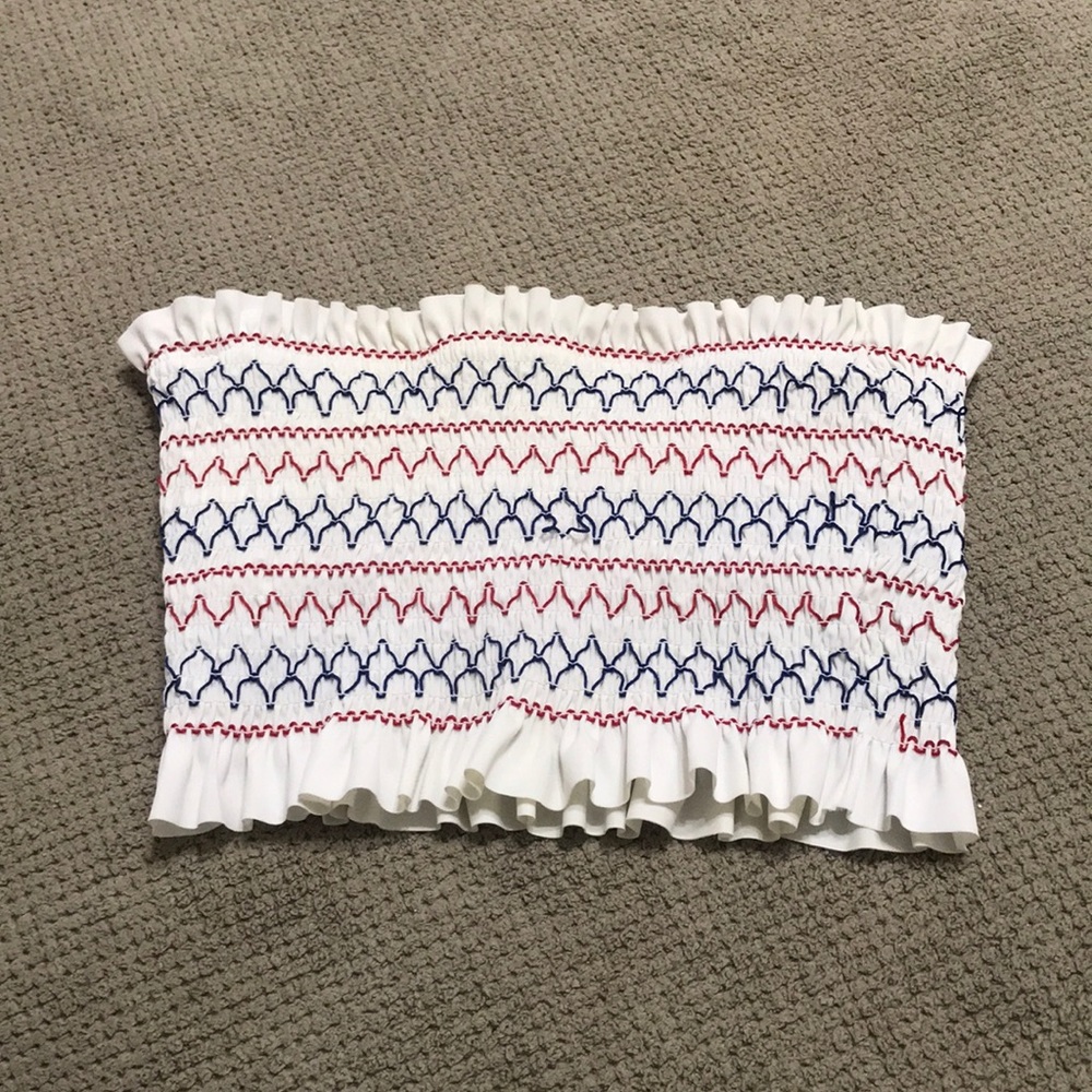 red white & blue strapless swimsuit top